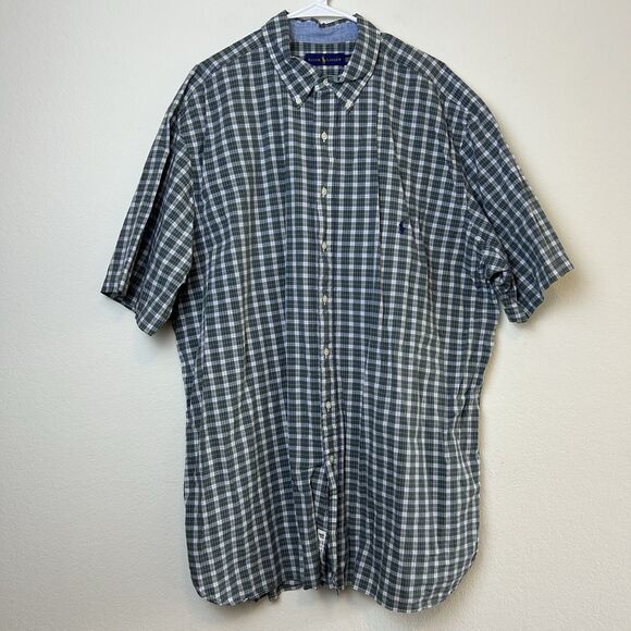 Ralph Lauren Shirt Mens 2XLT Plaid Button Down Short Sleeve Blue Pony Casual - Picture 1 of 13